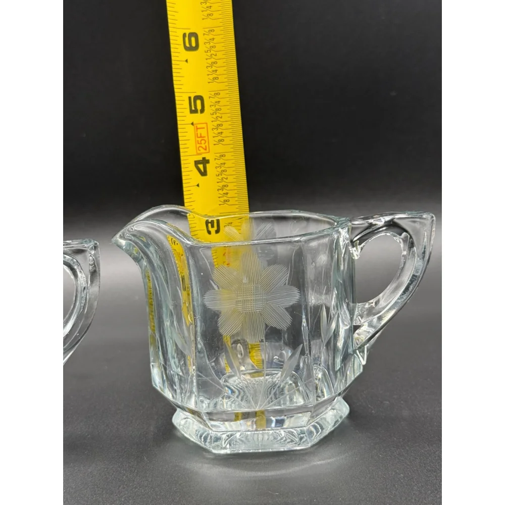 Vintage Heavy Glass Hexagon Creamer and Sugar Bowl Set Etched Floral Daisy